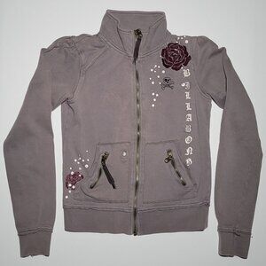 Billabong Girls Youth Gray and Embroidered Rose Pattern Jacket Size Small